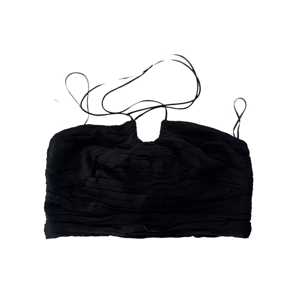 MDRN Women Black Halter Neck Crop Top Ruched Smocked MC22T66 Small NWT